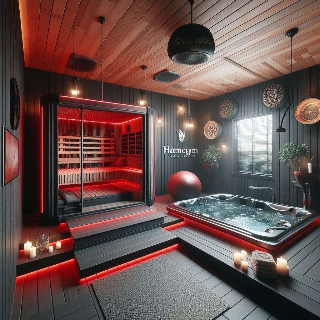 Luxus Homegym mit Whirlpool und Infrarot-Sauna für das perfekte Wellness-Gefühl nach dem Fitnesstraining.