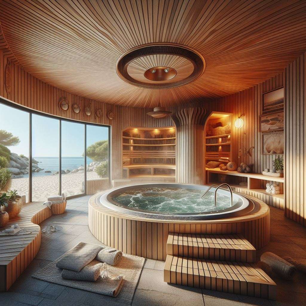 Whirlpool in Luxus Homegym in Villa am Meer. Perfekter Fitness Lifestyle und Lebensfreude.